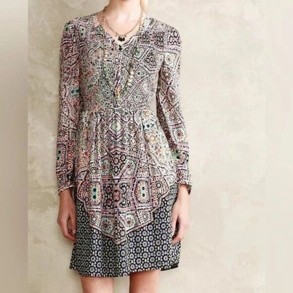 MAEVE Anthropologie Tiled Amethyst Mini Dress XS Petite Smocked Long Sleeve Boho - Picture 1 of 15